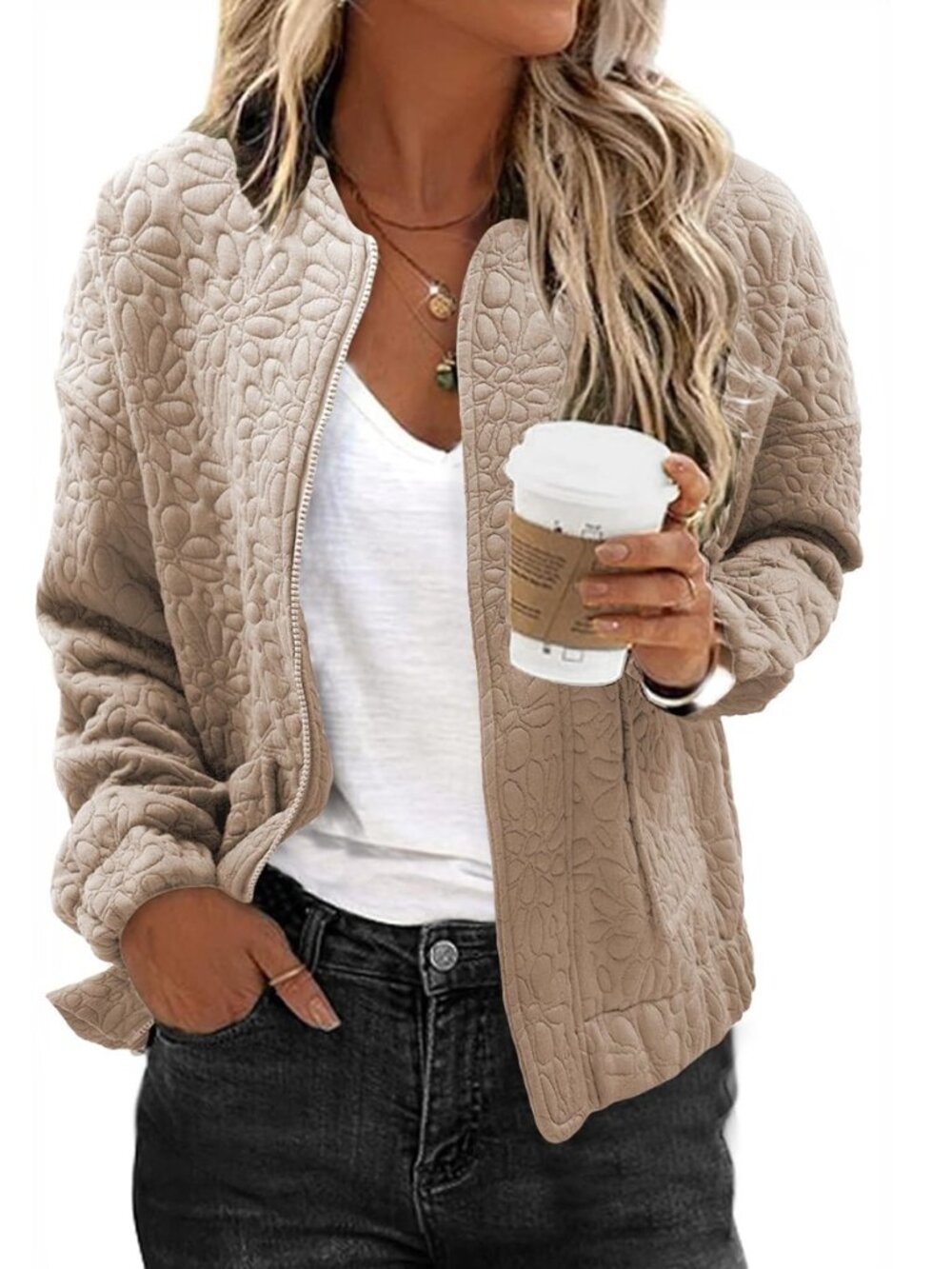 Bomber Jacket Women Jacquard Zip Up Coat with Pockets